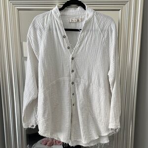 White Free People Frayed Edge Button-Up Textured Shirt